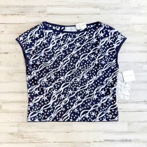 NEW St. John Sport Knit Top Navy White Gold Stars Embellished Wool Blend Women L